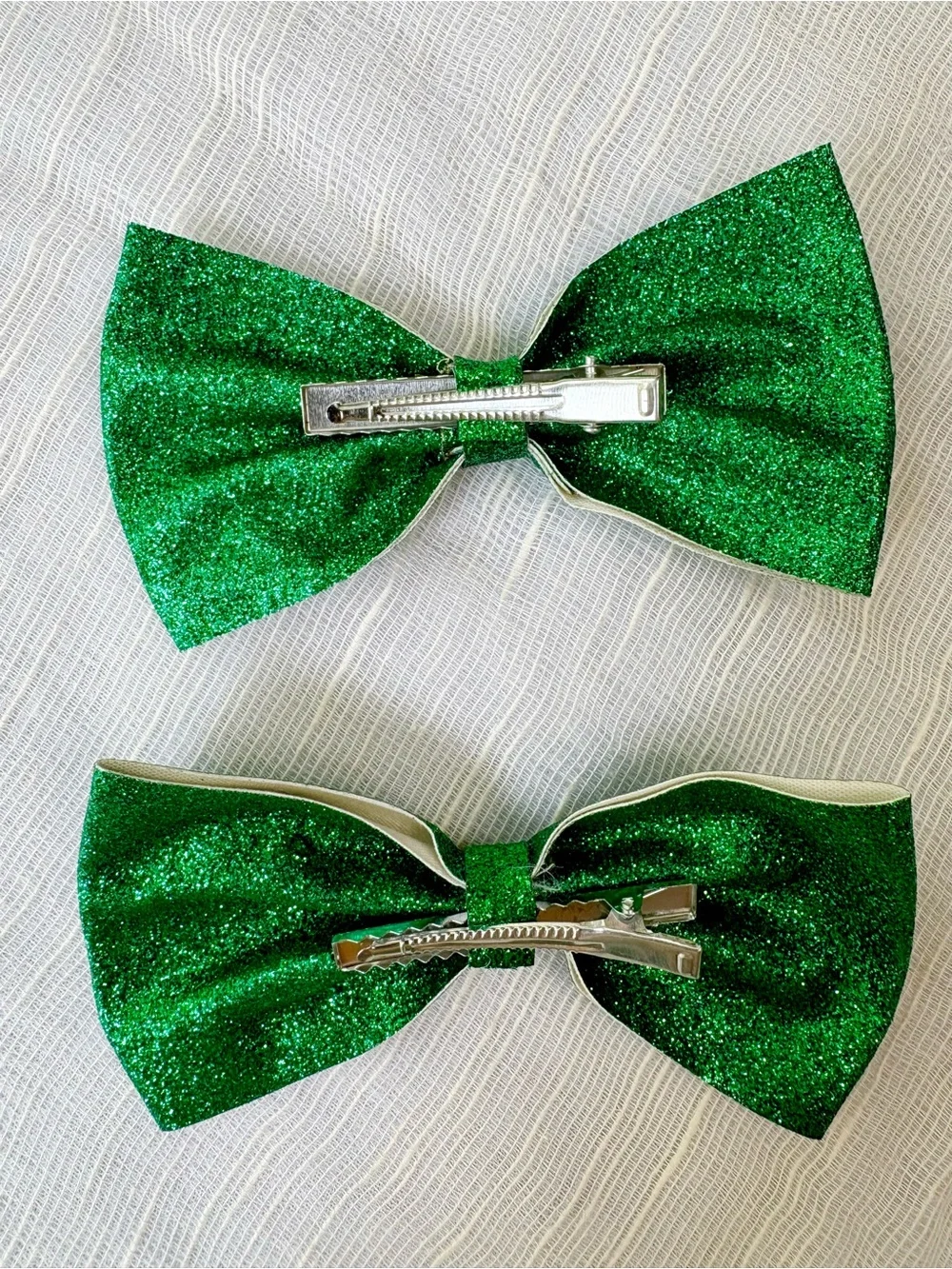 Kelly Green Glitter Hair Bow Clips Set of 2 Handmade Large Bows
